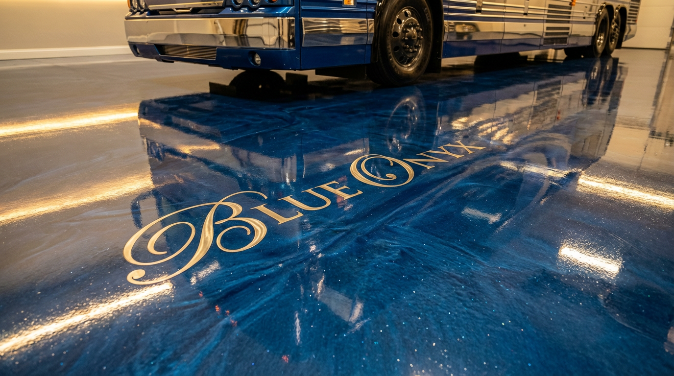 Blue epoxy floor with Blue Onyx logo
